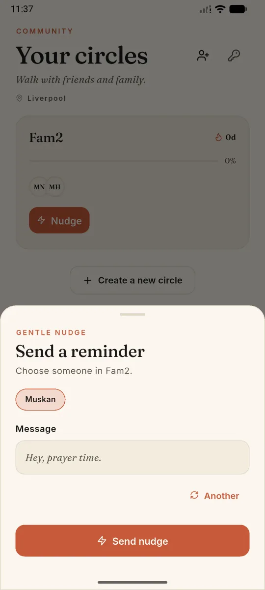 SalahMate circles screen with a gentle nudge reminder to a circle member