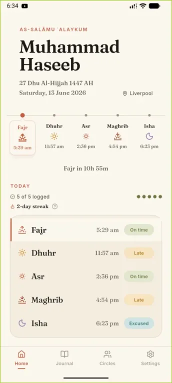 SalahMate home screen with prayer timeline, today's summary, and prayer log with status badges