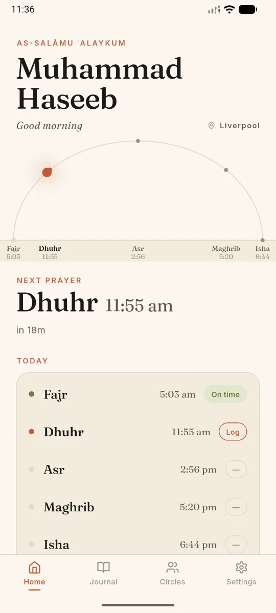 SalahMate home screen with sun arc, next prayer countdown, and today's schedule