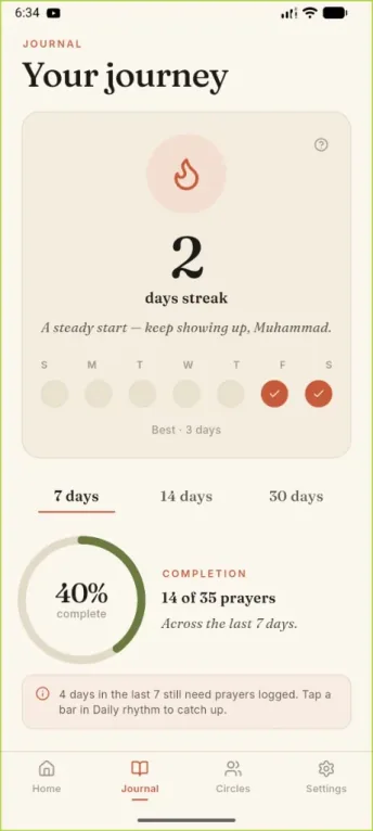 Journal journey card with streak and weekly check-ins